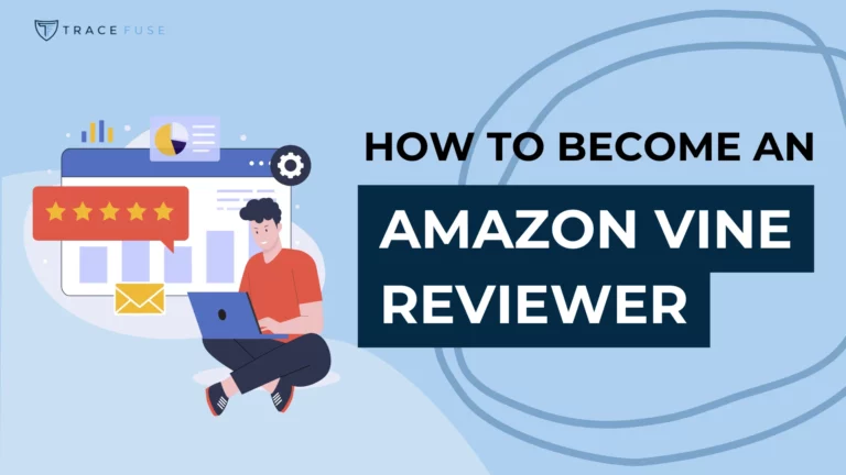 Illustration of a person sitting with a laptop, next to a screen displaying star ratings and graphs. Text reads how to become an amazon vine reviewer. The background is light blue with abstract shapes.