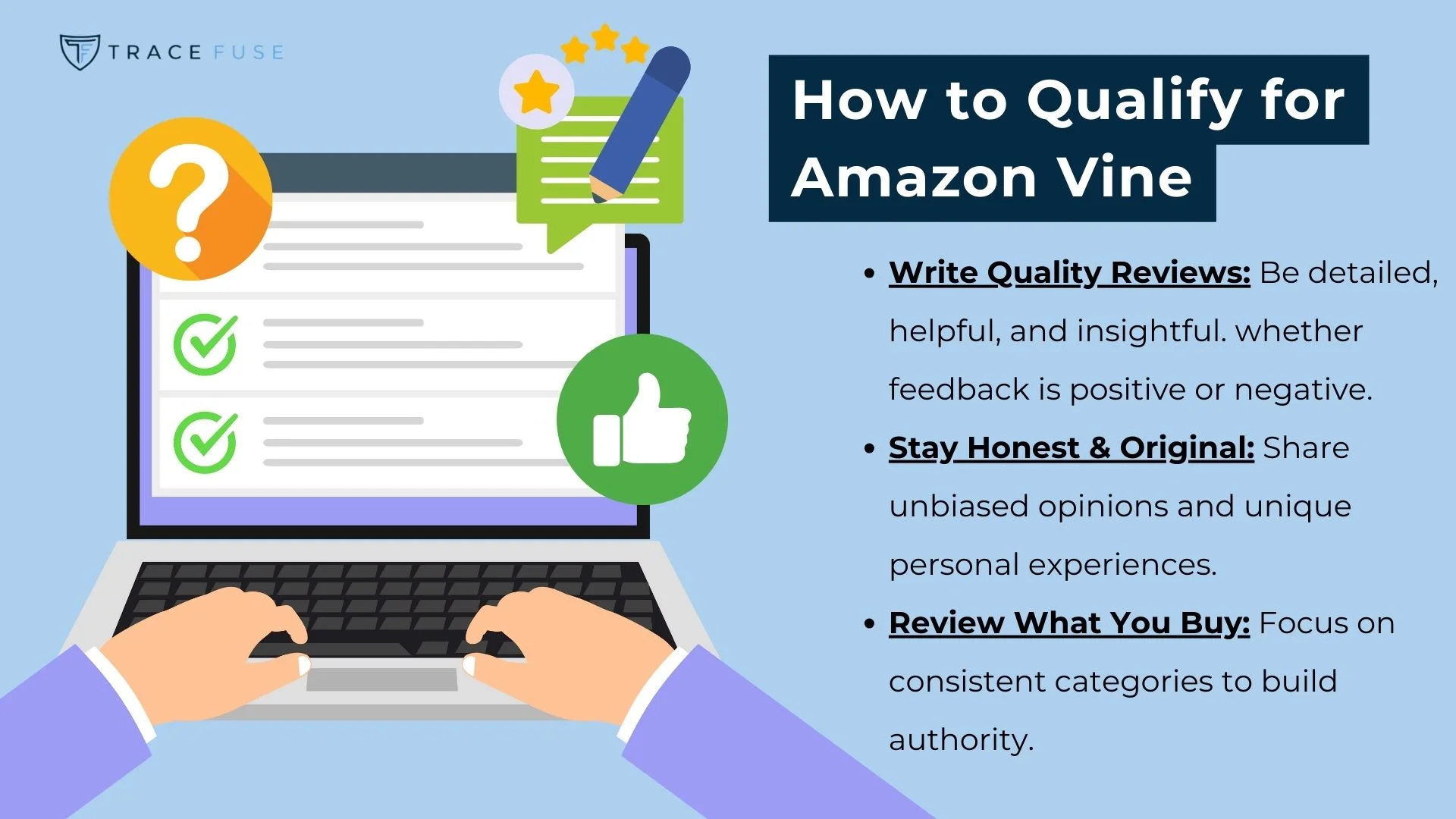 A person types on a laptop with icons of a thumbs-up, a review form, and stars. Text explains how to qualify for amazon vine: write quality reviews, stay honest and original, and review what you buy.