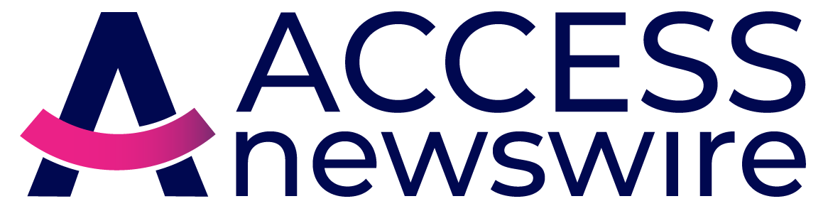 Logo displaying ACCESS newswire in bold navy blue font. The letter A features a pink swoosh design across its middle. The background is white.