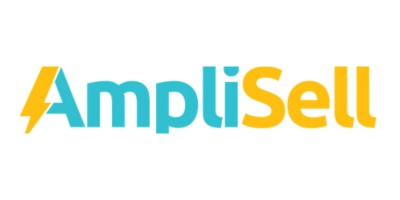 The image shows the word “AmpliSell” in a modern font, with “Ampli” in blue and “Sell” in yellow. The letter “A” includes a lightning bolt shape on its left side. The background is white.