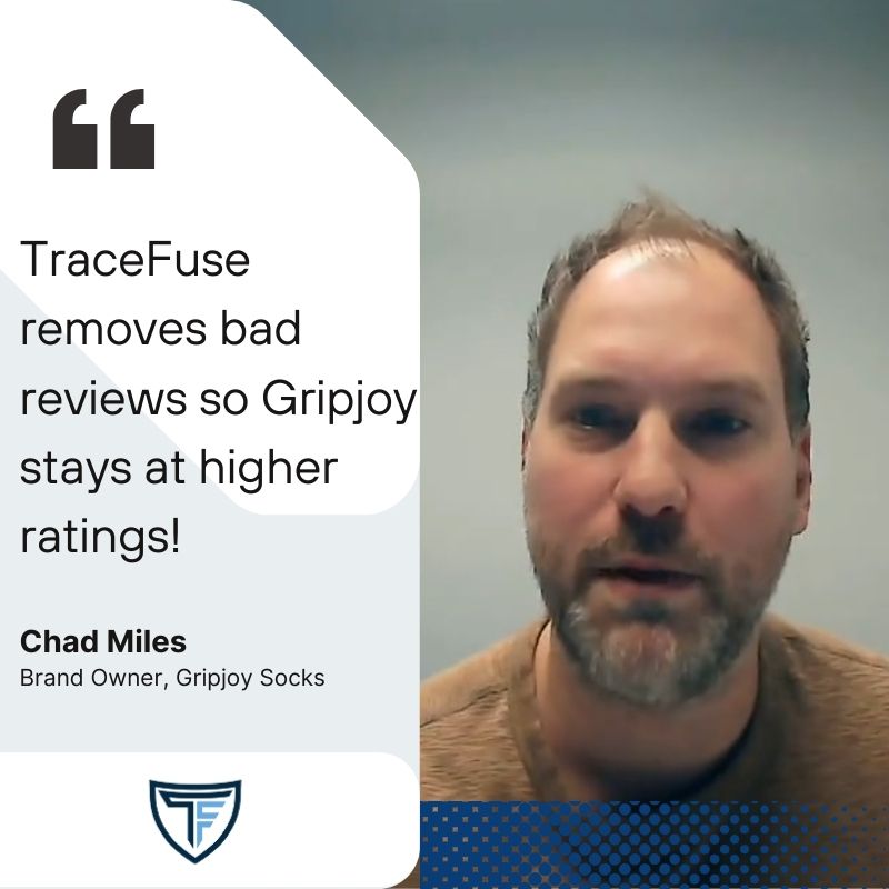 A man with light skin and a beard speaks in a video call; next to him is a quote about TraceFuse removing bad reviews, attributed to Chad Miles, Brand Owner of Gripjoy Socks. The TraceFuse logo is at the bottom.