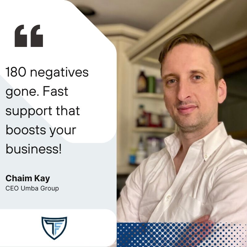 A man in a white shirt stands in a kitchen, smiling slightly. Text beside him reads: 180 negatives gone. Fast support that boosts your business! Below is the name Chaim Kay, CEO Umba Group, and a blue shield logo.