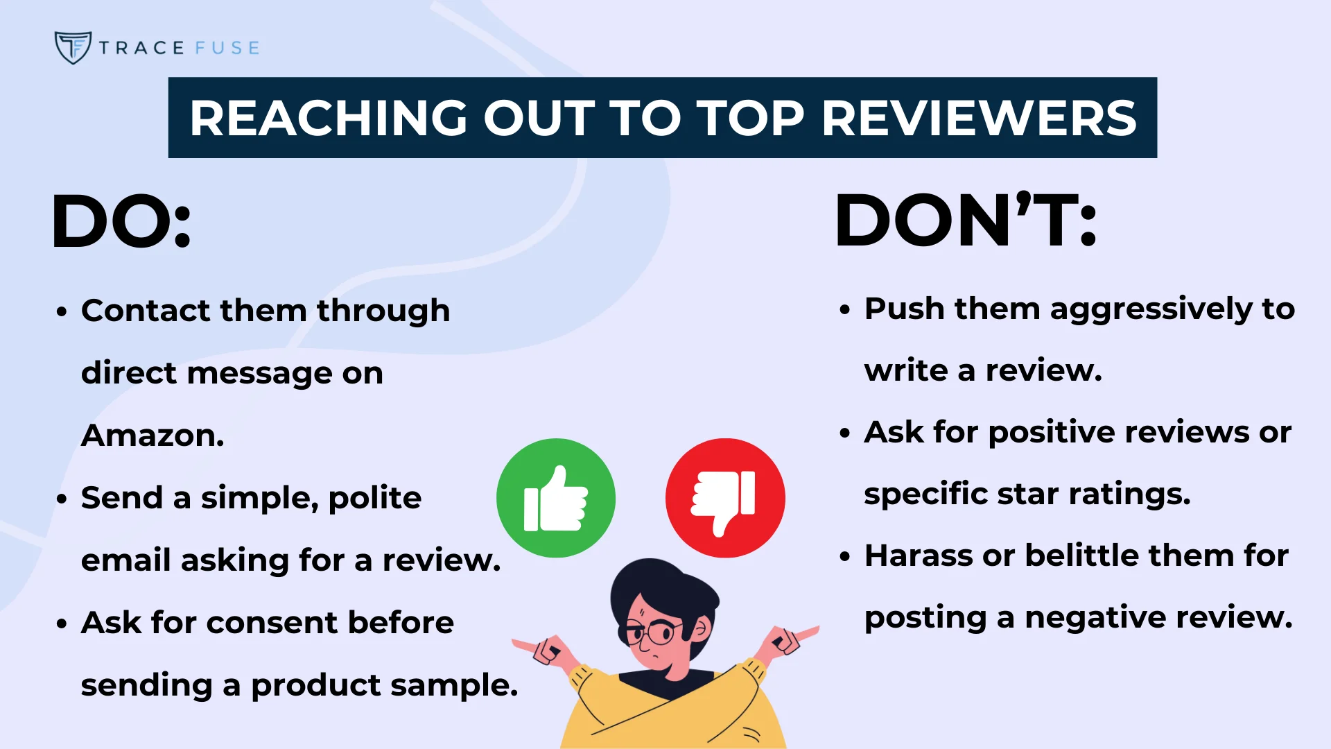 Infographic titled reaching out to top reviewers with do and dont lists. Do includes contacting via amazon message, polite email, and asking for consent. Dont includes pushing for reviews, asking for star ratings, and harassing for negative reviews.