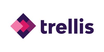 Trellis logo featuring a geometric diamond shape with overlapping pink and purple squares, accompanied by the word trellis in bold, dark purple lowercase letters.