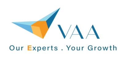VAA logo with a geometric blue and orange bird shape. Text reads VAA and below it, Our Experts . Your Growth, with the letter E in Experts highlighted in orange.