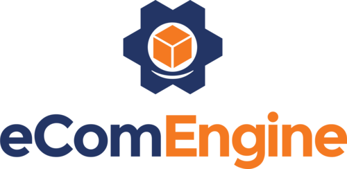 Logo of eComEngine featuring a hexagonal design resembling a gear with an orange center against a navy blue outline. Below it, the text eComEngine is written in a combination of navy blue and orange colors.