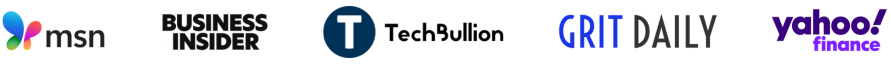 Logos of five media outlets in a row: msn, business insider, a stylized t in a circle, grit daily, and yahoo finance.