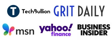Logos of techbullion, grit daily, msn, yahoo! Finance, and business insider arranged in two rows.