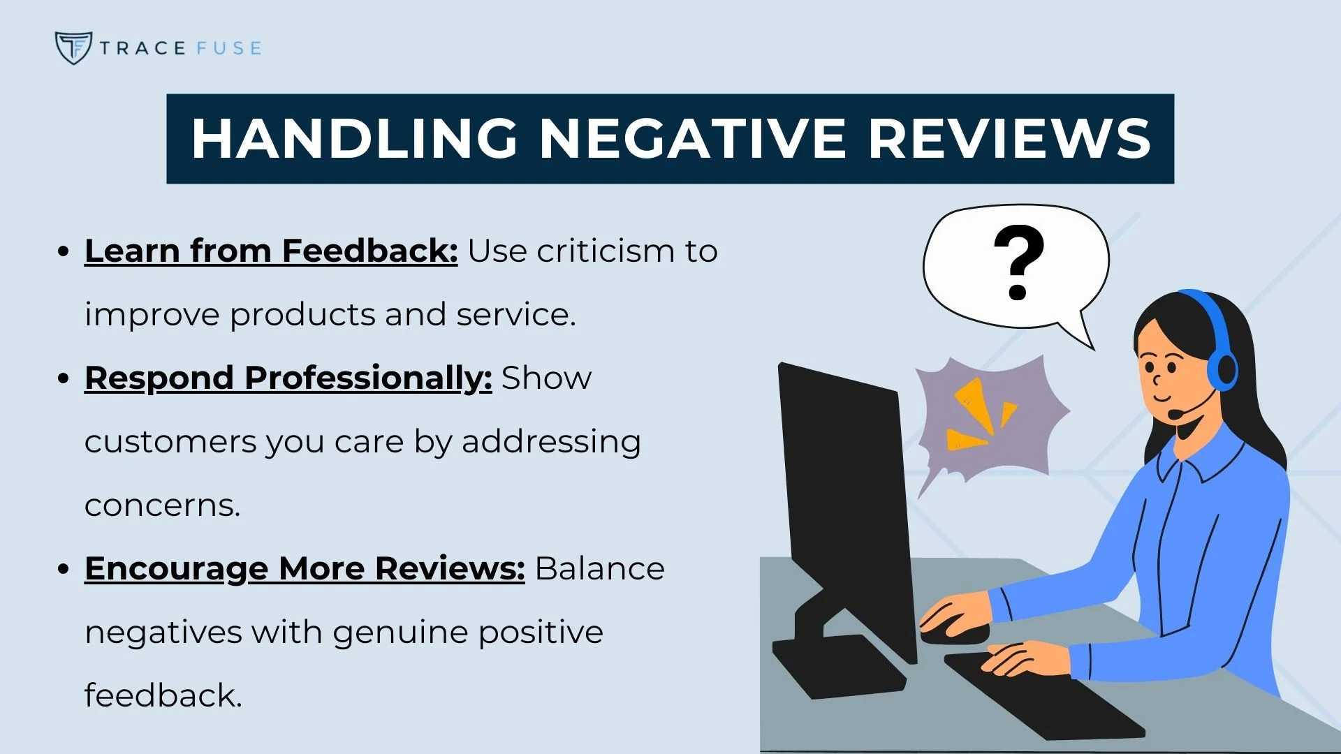 Illustration titled handling negative reviews with tips: learn from feedback, respond professionally, and encourage more reviews. A person at a computer with a thinking bubble and a question mark near their head.