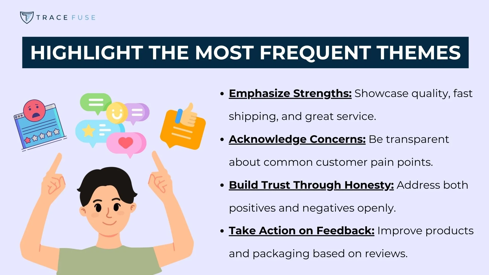 A person points upward, surrounded by social media icons. Text lists frequent themes: emphasize strengths, acknowledge concerns, build trust through honesty, and take action on feedback.