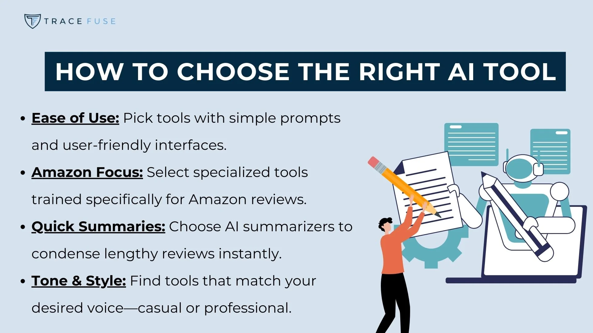 Illustration showing a person standing beside a checklist and gears. Text reads: how to choose the right ai tool with tips: ease of use, amazon focus, quick summaries, tone style, each elaborated briefly.