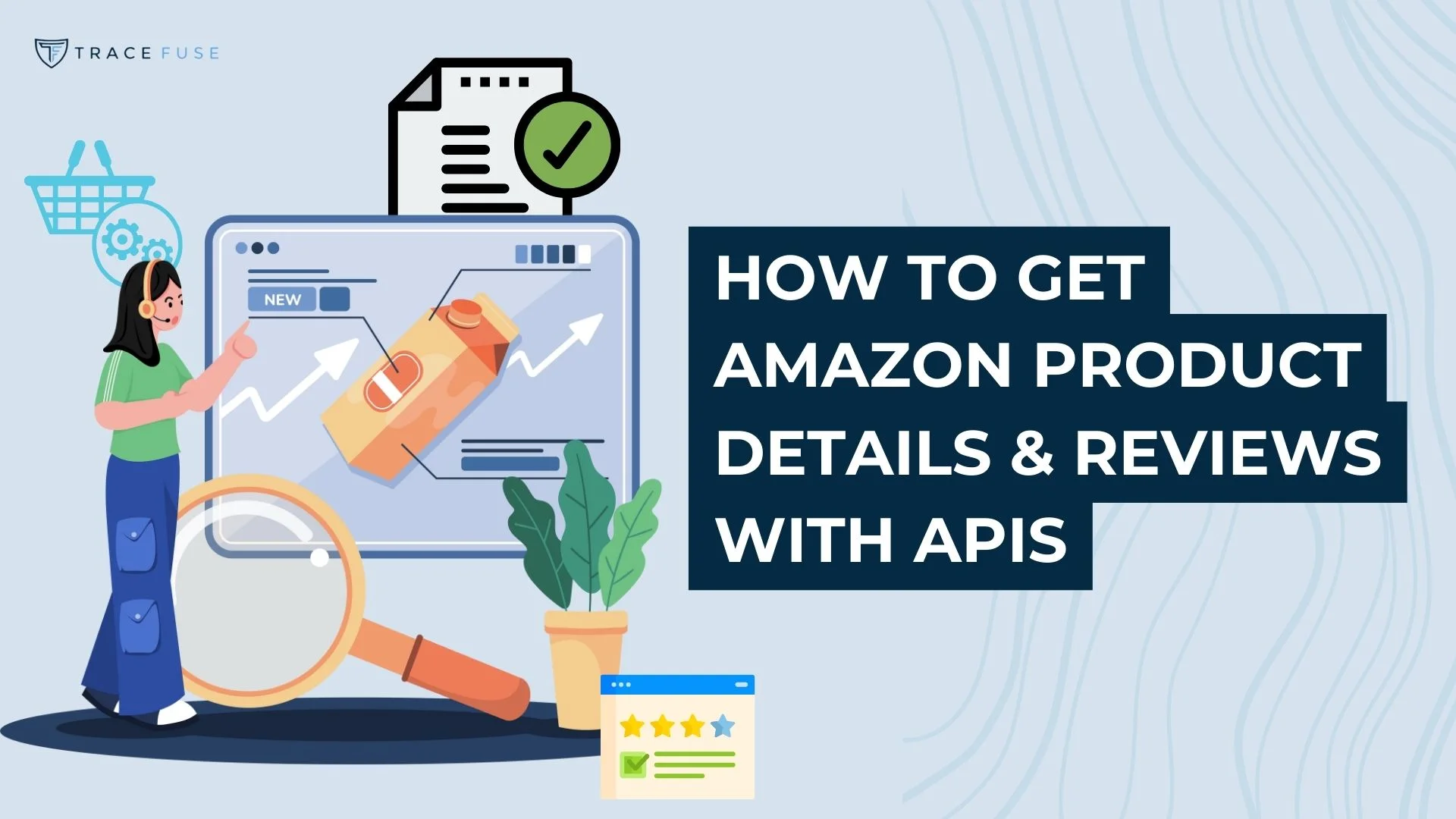 Illustration showing a person pointing at a computer screen displaying a shampoo bottle and graphs. A magnifying glass and potted plant are nearby. Text reads: How to Get Amazon Product Details & Reviews with APIs.