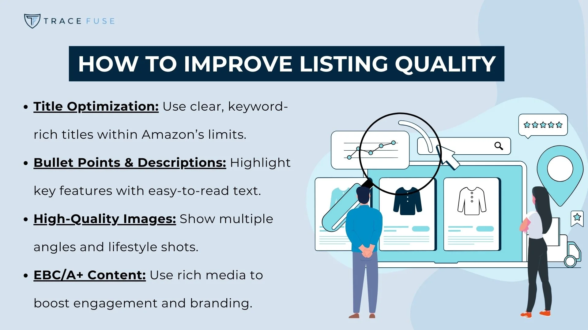 Illustration of a person standing in front of a large computer screen displaying product listings. Text reads: how to improve listing quality, followed by tips on title optimization, bullet points, high-quality images, and rich media content.
