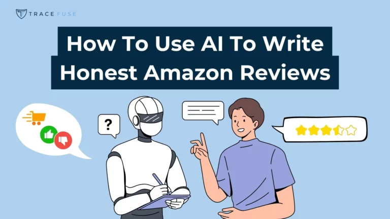 Illustration of a person and a robot. The robot writes on a clipboard while speech bubbles with symbols like a question mark, chat, and star ratings surround them. The text reads: how to use ai to write honest amazon reviews.