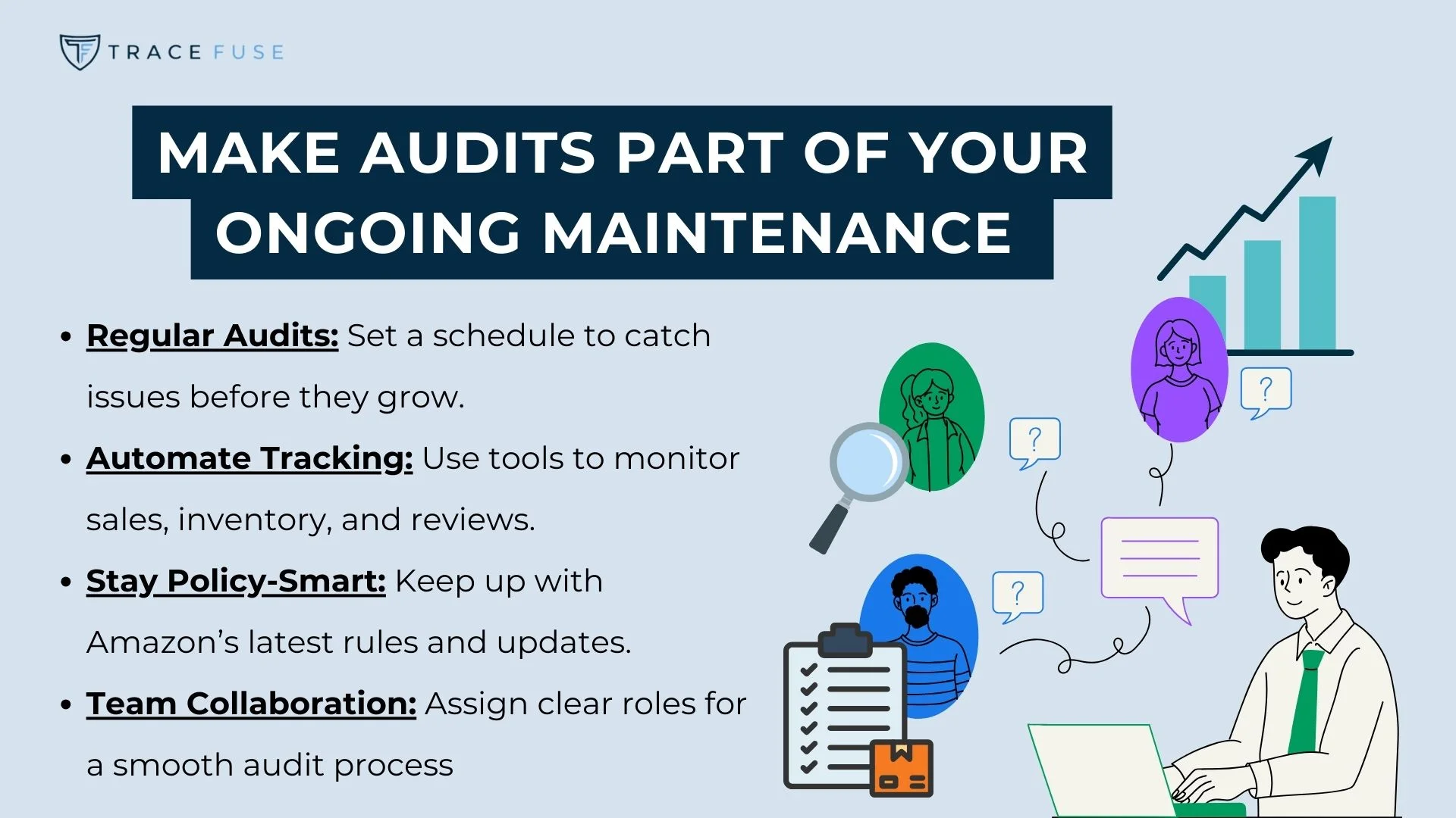 Graphic titled make audits part of your ongoing maintenance. It includes tips: regular audits, automate tracking, stay policy-smart, and team collaboration. Illustrated with icons like a clipboard, magnifying glass, lock, chat bubbles, and diverse team members.