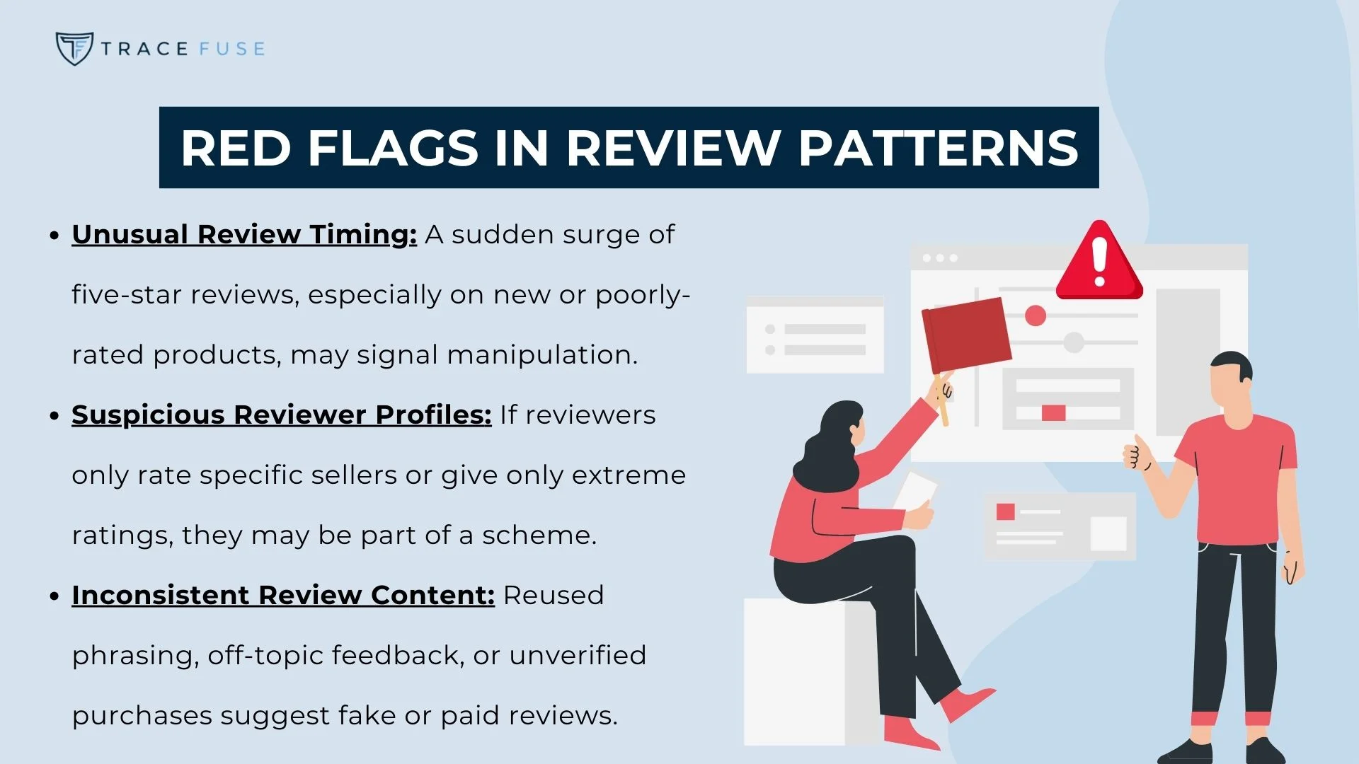 Illustration highlighting red flags in review patterns shows a person raising a red flag next to a computer screen. Points: unusual review timing, suspicious reviewer profiles, inconsistent review content. Background has faint graphic elements.