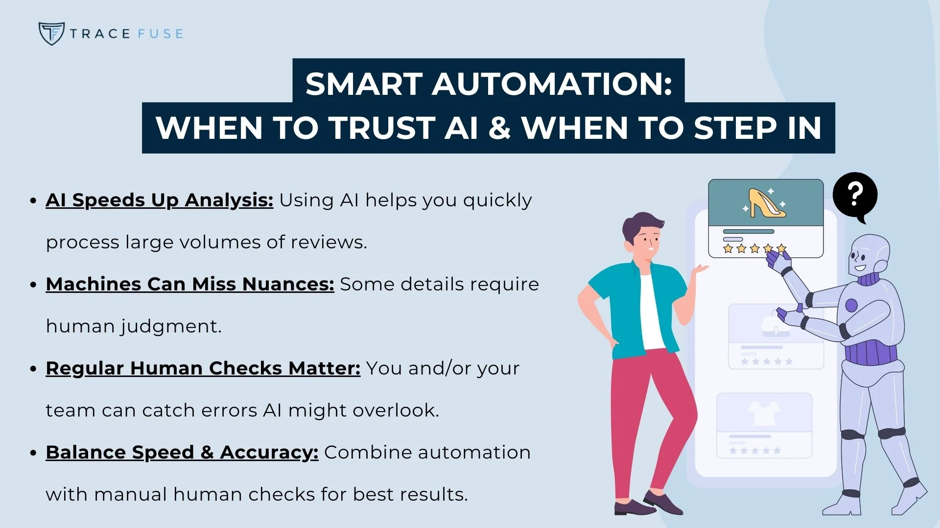 A graphic titled smart automation: when to trust ai & when to step in features a man and a robot pointing to a checklist. Key points highlight ai speed, potential for missing nuances, importance of human checks, and balancing speed with accuracy.
