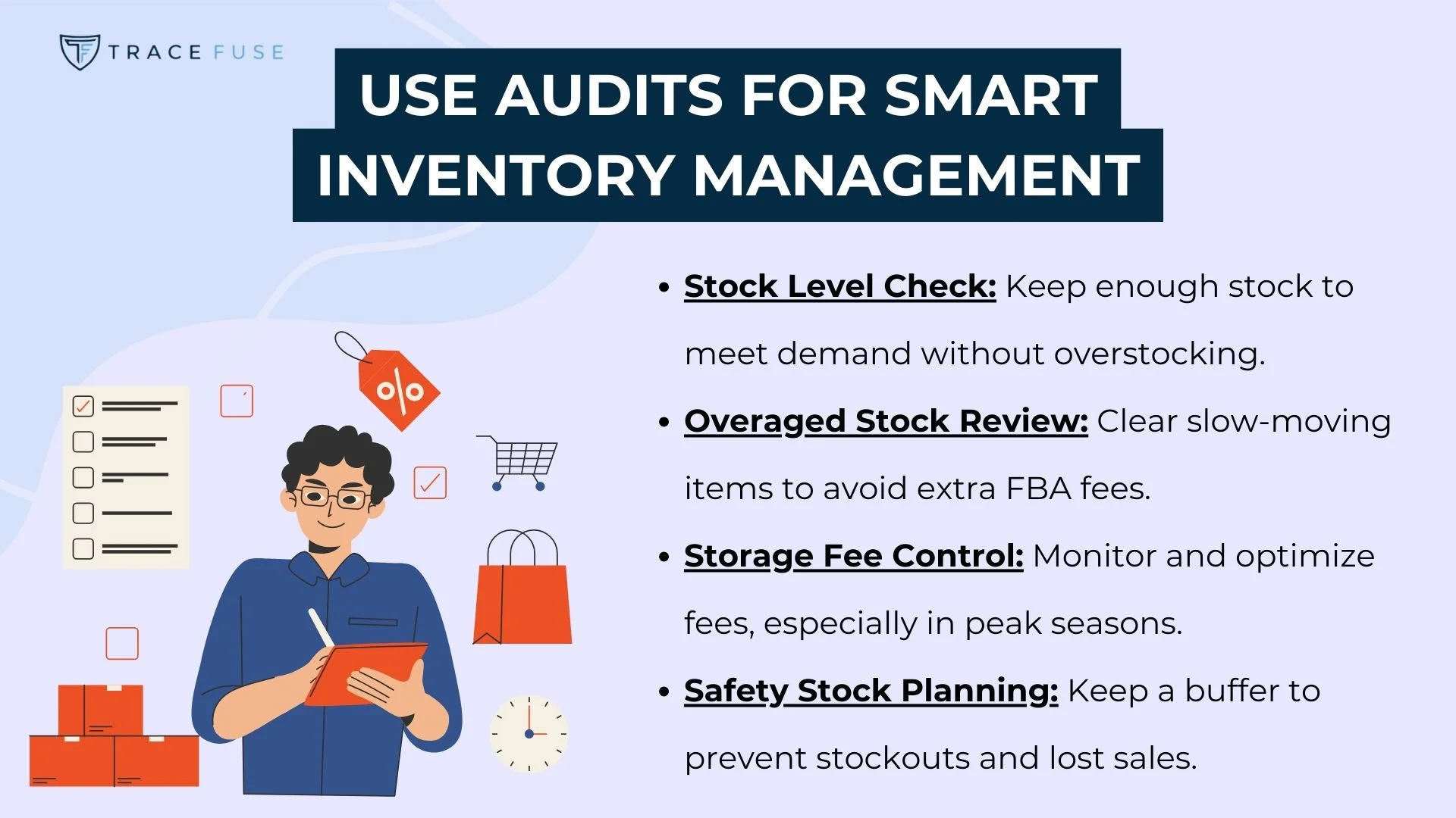 Illustration of a person holding a tablet surrounded by shopping icons. Text highlights smart inventory management tips: stock level check, overaged stock review, storage fee control, and safety stock planning. Trace fuse logo is in the top left corner.
