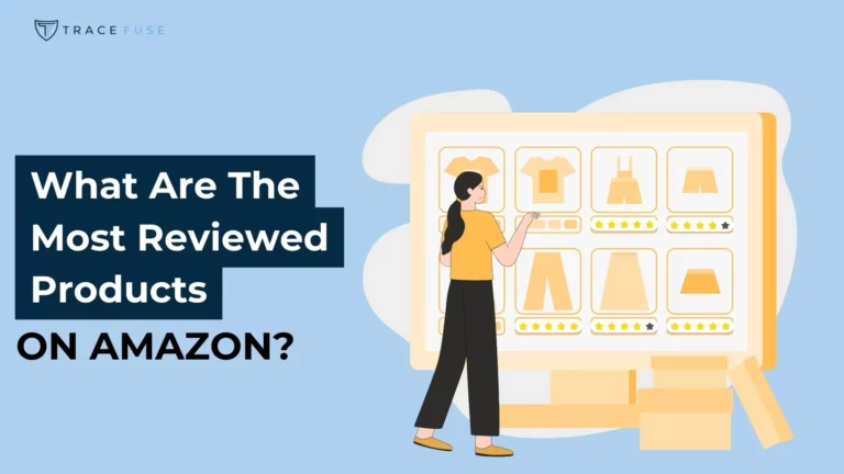 Illustration of a woman pointing at a screen displaying clothing items with star ratings. Text reads: what are the most reviewed products on amazon? The background is light blue, and the screen shows shirts and pants.