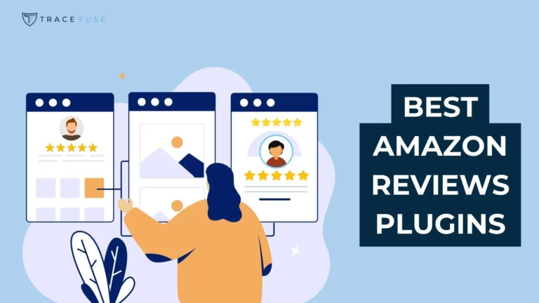 Illustration of a person interacting with digital review panels, including star ratings and images, with the text best amazon reviews plugins displayed on the right.