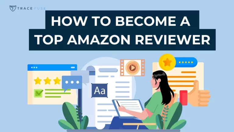 Illustration of a person sitting at a desk with a laptop, surrounded by icons of documents, stars, and speech bubbles. Text at the top reads how to become a top amazon reviewer.