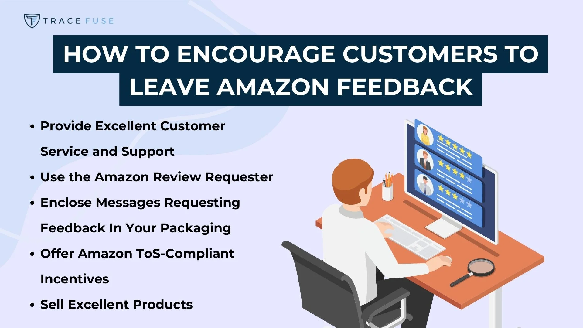 Illustration of a person at a desk using a computer to leave star ratings, with a list titled how to encourage customers to leave amazon feedback and five tips on customer service and feedback requests.