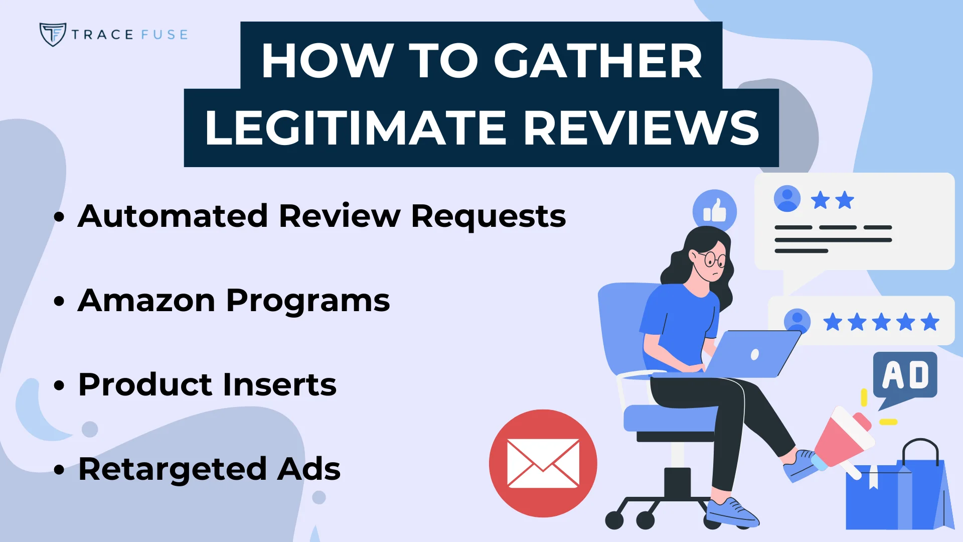 A graphic titled how to gather legitimate reviews lists four methods: automated review requests, amazon programs, product inserts, and retargeted ads. An illustration shows a woman at a desk with a laptop, icons, and review symbols.