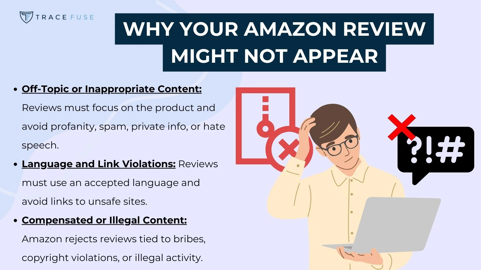 A confused person holding a laptop stands next to a list titled why your amazon review might not appear, with reasons including off-topic content, language violations, and compensated or illegal content.