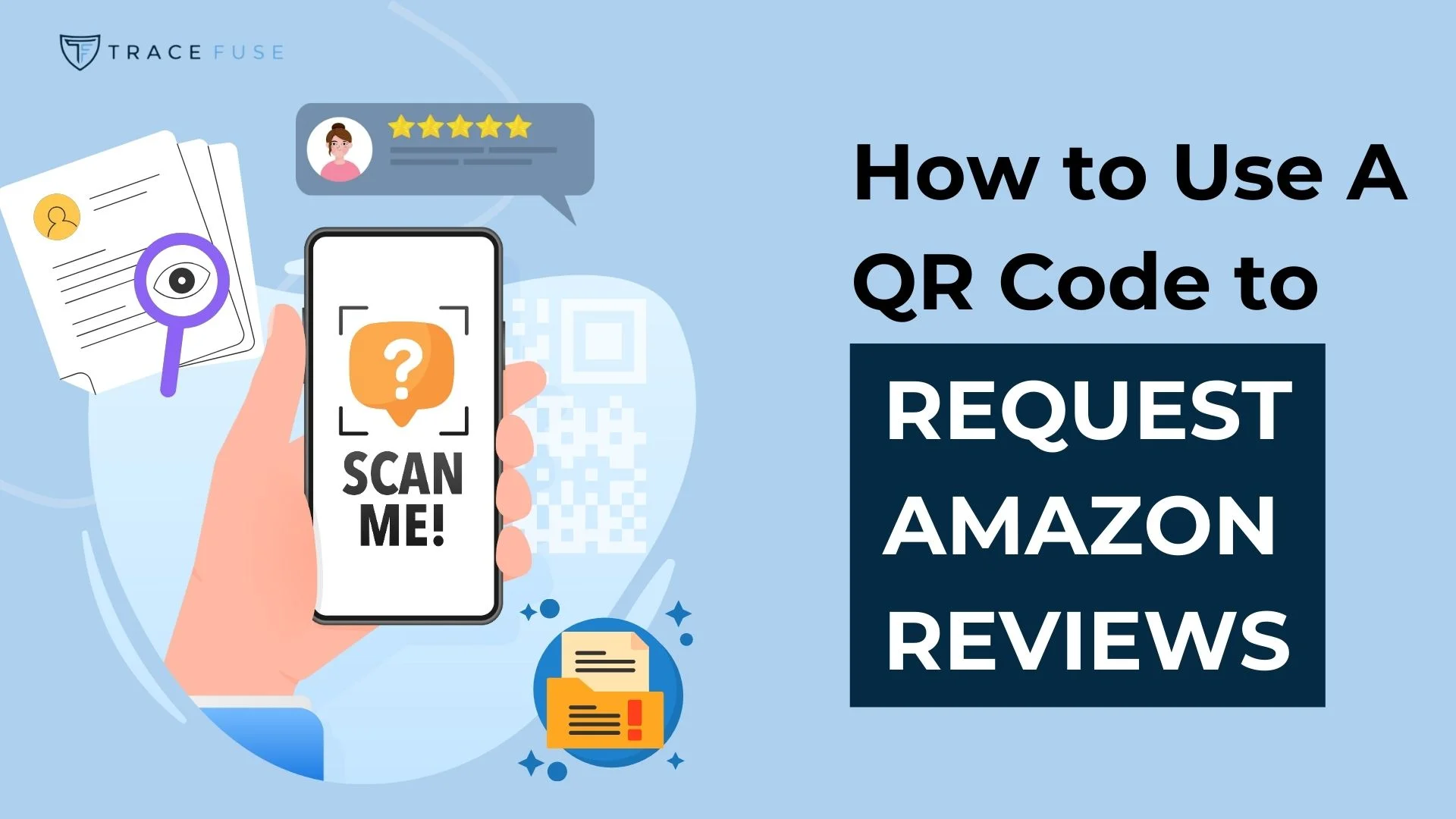 Smartphone displaying a QR code with Scan Me! text. Background includes a review notification, and text reads How to Use A QR Code to Request Amazon Reviews. Various icons are scattered around the image.