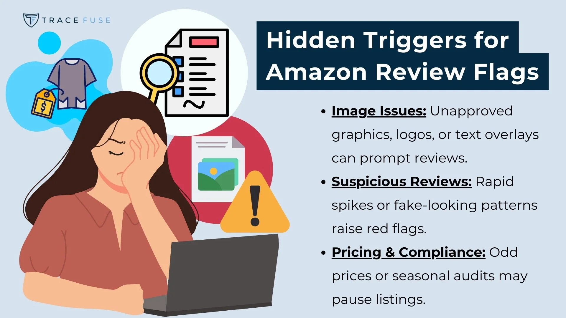 A frustrated woman sits at a laptop, covering her face. Next to her are icons of documents, an exclamation mark, and warning symbols. Text lists hidden triggers for amazon review flags, including image and pricing issues.