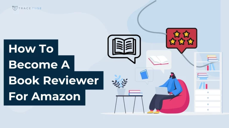 A person sitting on a beanbag with a laptop, surrounded by books and review icons. Text reads, how to become a book reviewer for amazon.