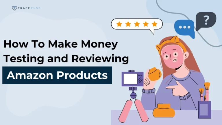 Illustration of a person with cat ear headphones holding a cup and pointing at a camera on a tripod, with text: how to make money testing and reviewing amazon products. Five-star and question mark icons are shown.