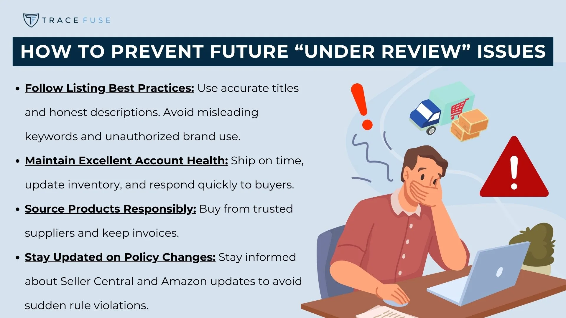 A worried person sits at a desk with paperwork, next to icons of a warning sign, a delivery truck, and documents. Tips are listed on preventing under review issues for online sellers, including best practices and policy updates.