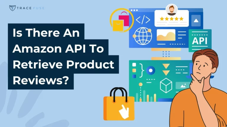 A graphic with a person thinking, surrounded by icons like a shopping bag, a globe, and an api window. The text reads: is there an amazon api to retrieve product reviews?.
