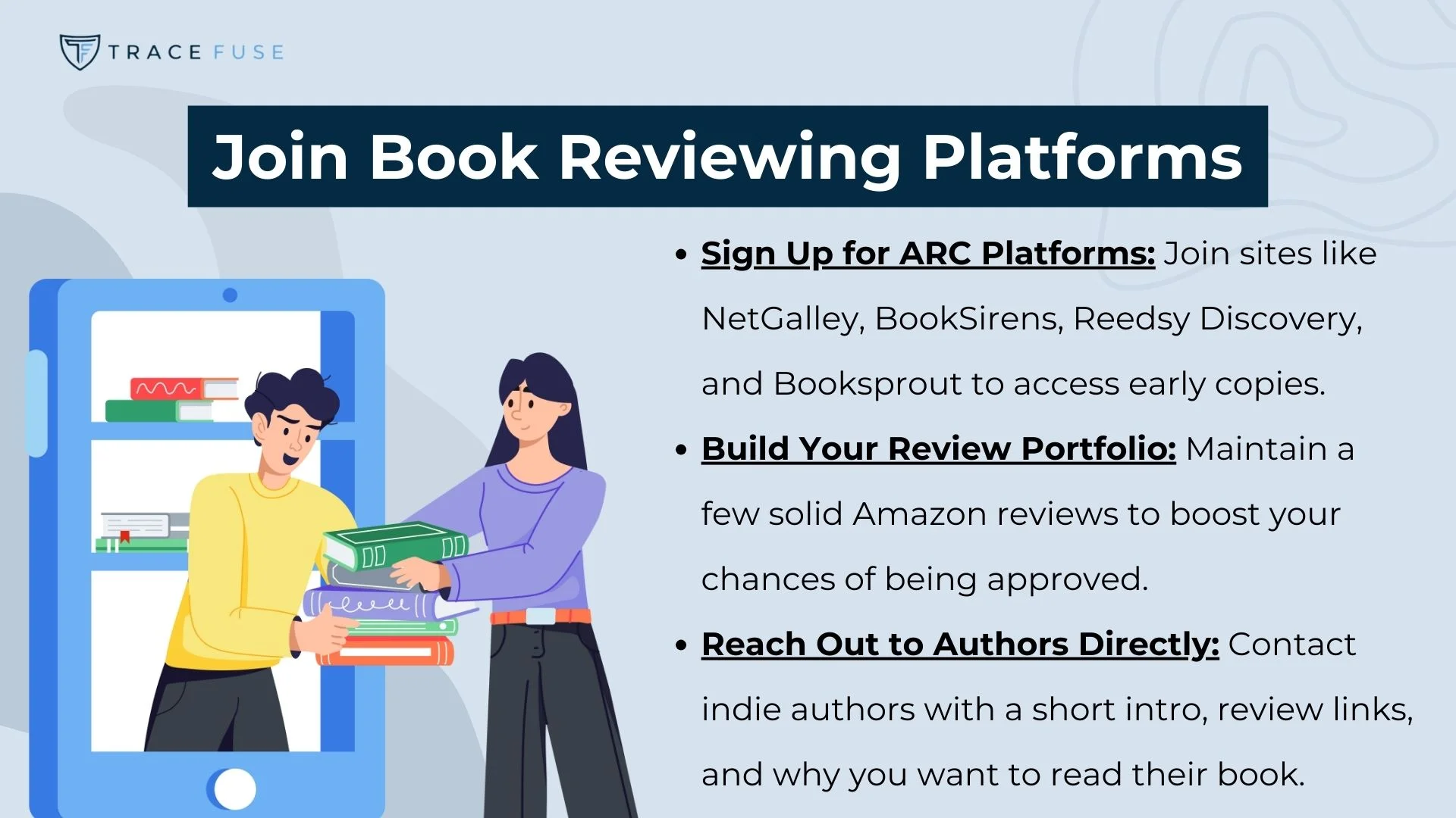 Two people stand beside a large book-shaped display while stacking books. Text beside them gives tips for joining book reviewing platforms, including signing up for arcs, building a review portfolio, and contacting authors directly.