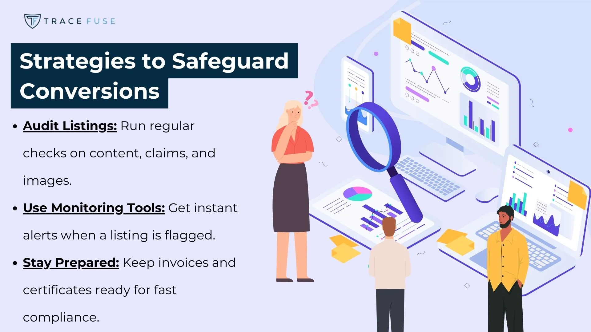 An illustration shows two people analyzing data on large digital screens with graphs and charts. Text lists strategies to safeguard conversions, including audits, monitoring tools, and staying prepared with invoices and certificates.