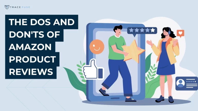 Illustration of a man handing a star to a woman, both standing near a large smartphone displaying review icons. Text reads: the dos and donts of amazon product reviews.