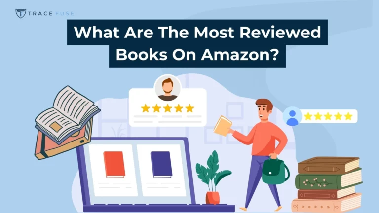 Illustration with the text “what are the most reviewed books on amazon? ” featuring a person holding a book, a stack of books, an open laptop, rating stars, and icons of people.