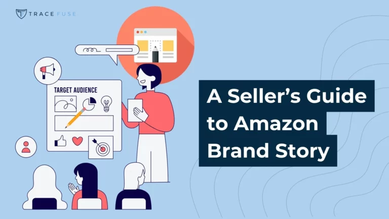 Illustration of a woman presenting a board labeled target audience to an audience, with the text a seller’s guide to amazon brand story on the right. The background is light blue with abstract elements.