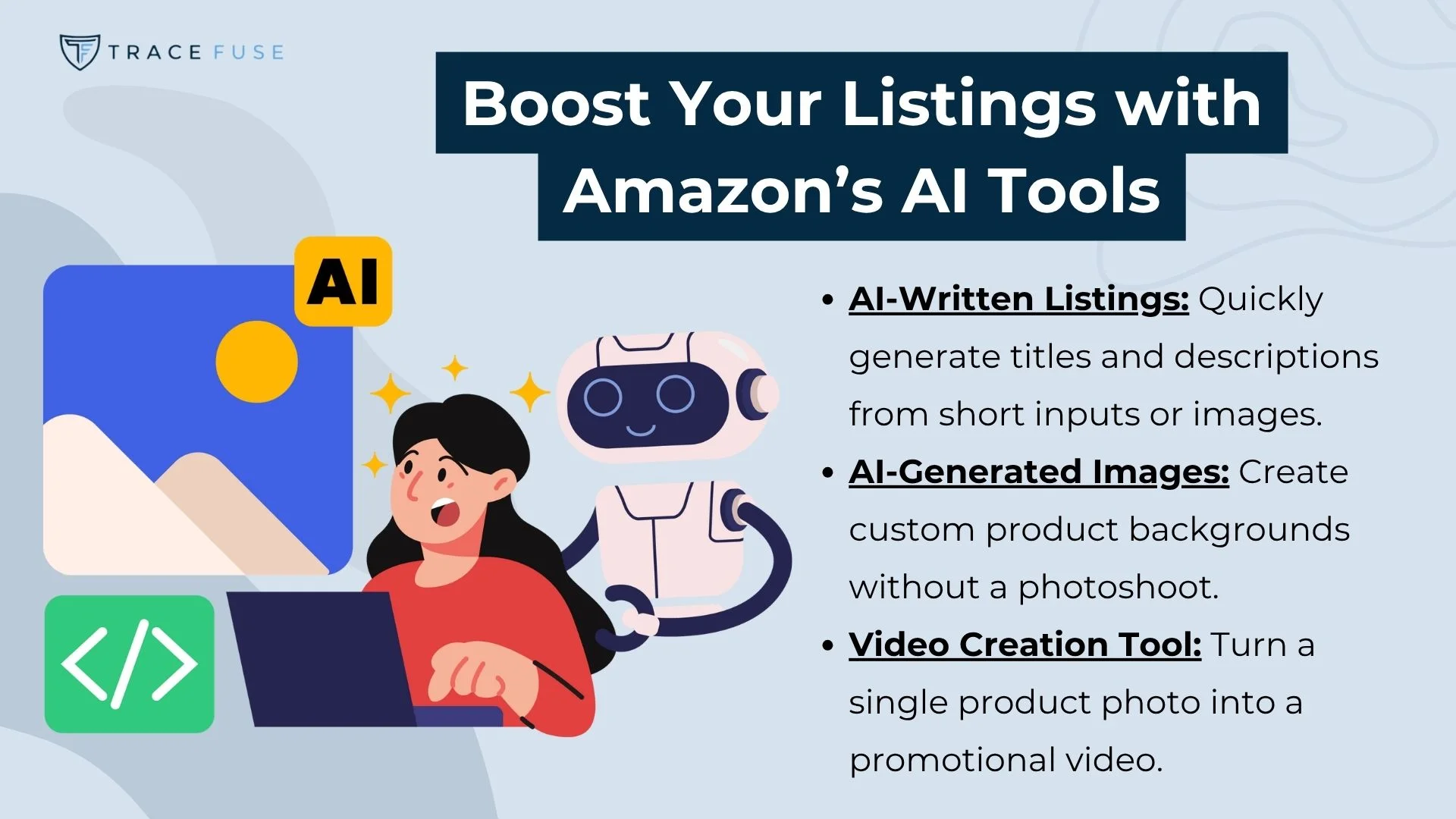 A woman works on a laptop as a friendly robot and “ai” icons appear beside her. Text highlights amazon’s ai tools: ai-written listings, ai-generated images, and a video creation tool.