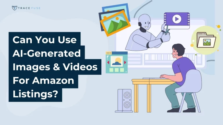 A person sits at a desk using a computer while a robot creates digital images and videos. Text on the left reads, can you use ai-generated images & videos for amazon listings?.