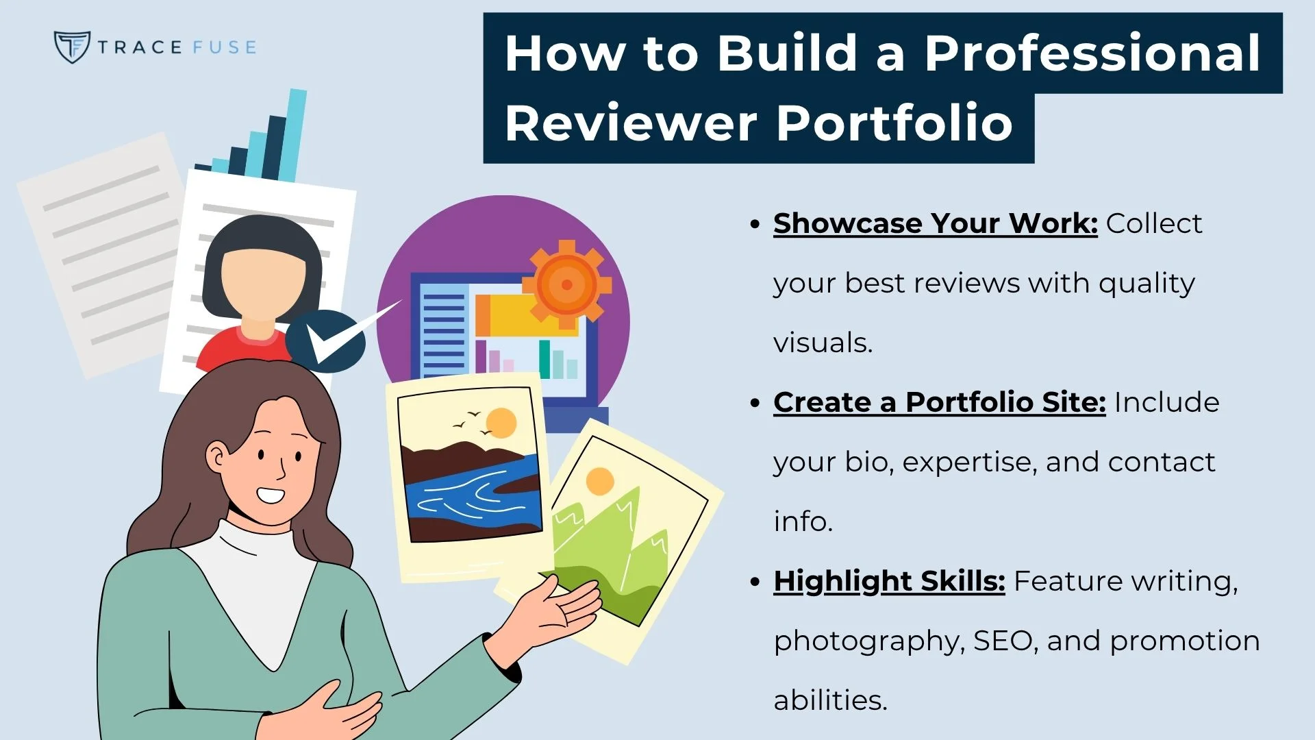 A woman holds photos and points to charts and profiles. Text beside her lists tips for building a reviewer portfolio: showcase work, create a portfolio site, and highlight skills. Abstract graphics of charts and photos are in the background.