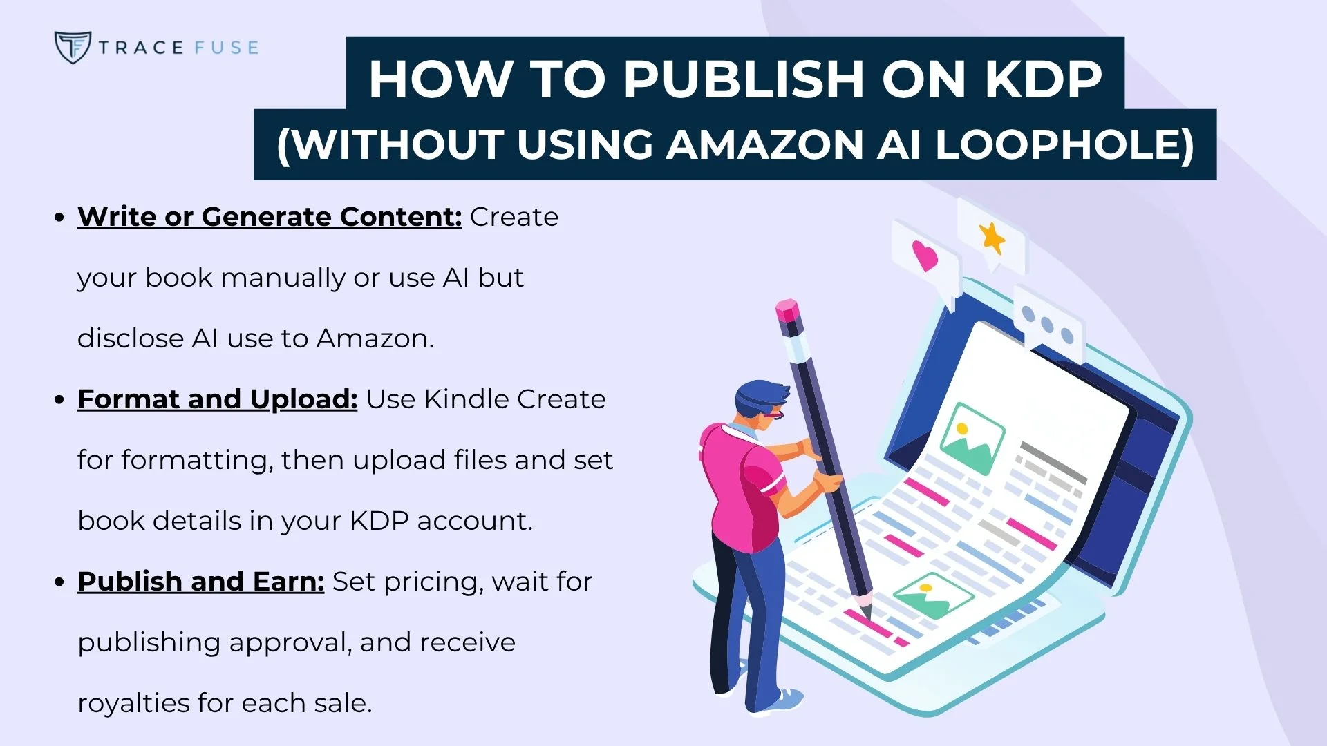 A graphic titled how to publish on kdp (without using amazon ai loophole) outlines three steps: writing or generating content, formatting and uploading, and publishing and earning. An illustrated person writes on a giant notebook.