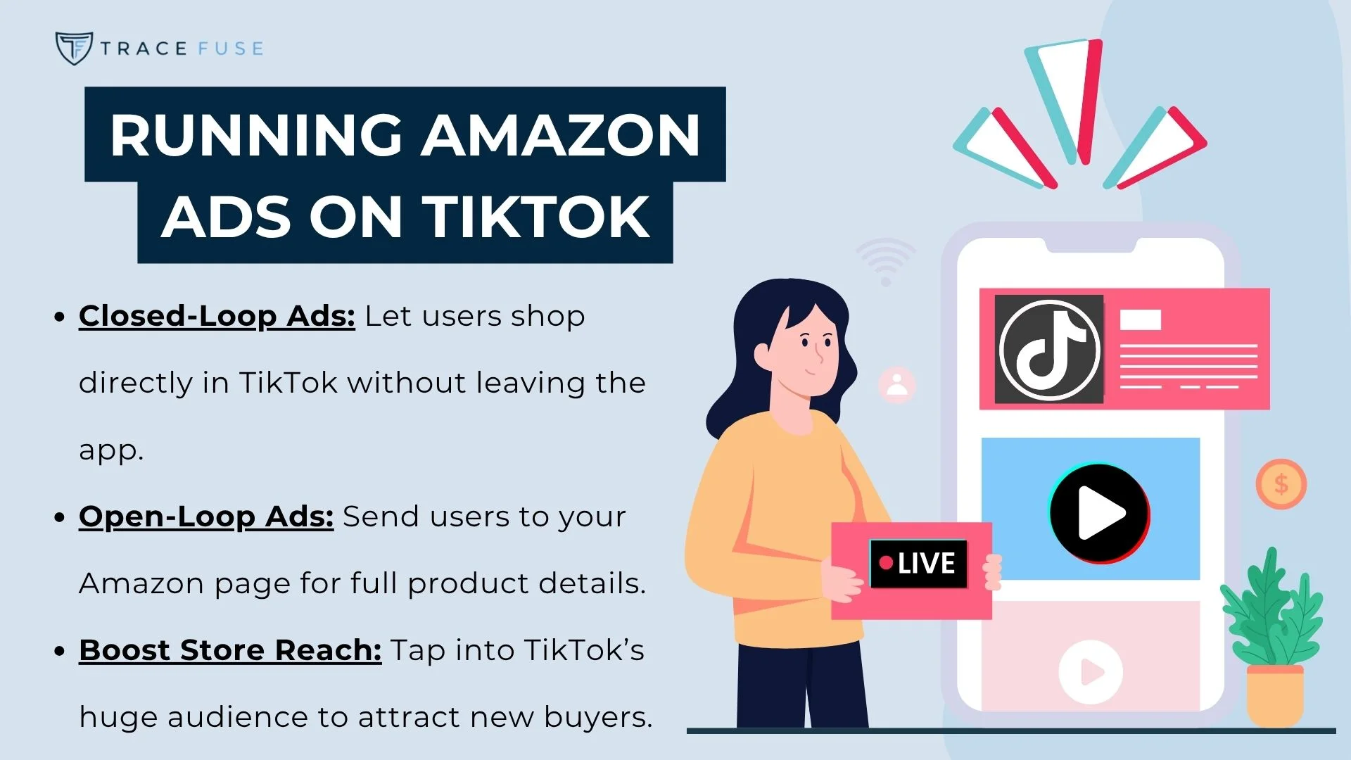 Illustration of a woman holding a live sign in front of a large smartphone displaying the tiktok logo, with text explaining three types of amazon ads on tiktok: closed-loop, open-loop, and boost store reach.