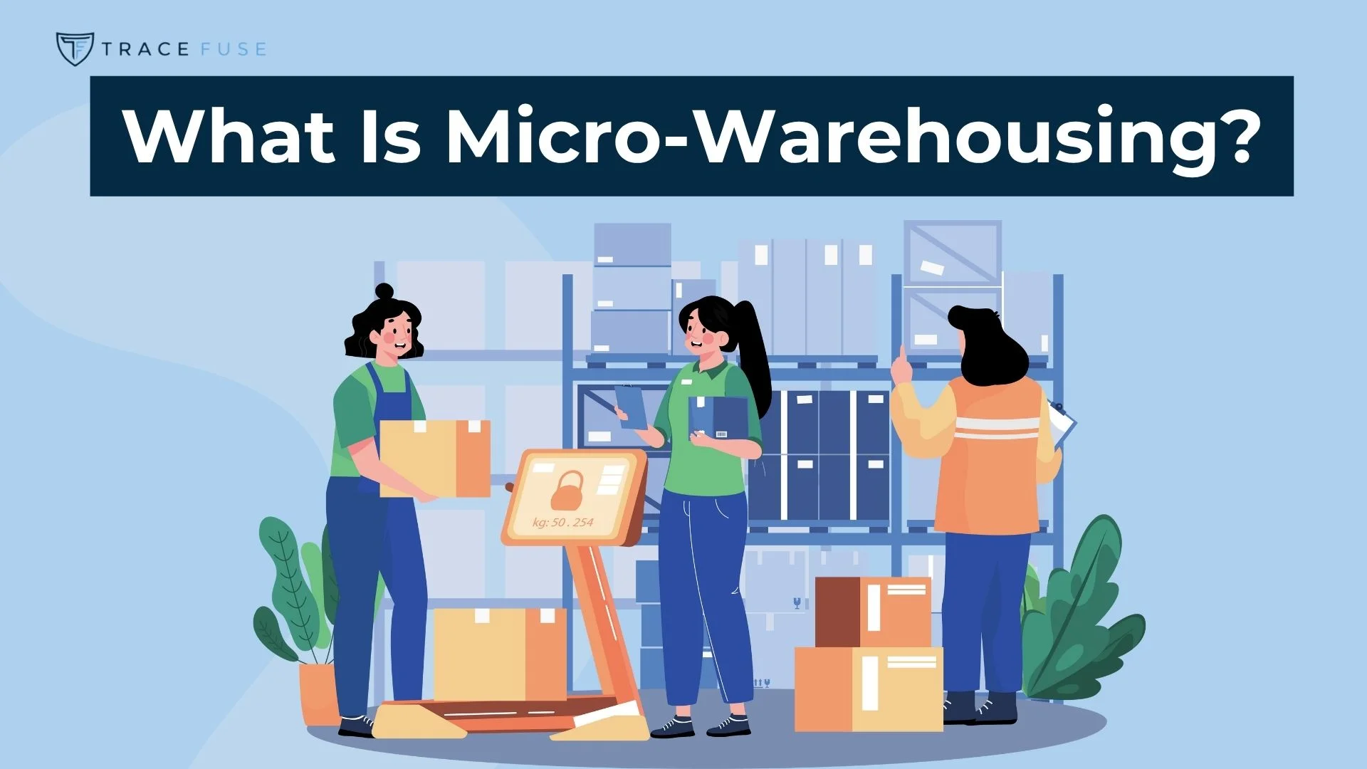 Three people organize boxes and packages in a small warehouse with shelves and storage units. A heading reads, What Is Micro-Warehousing? and plants are seen at the edges.