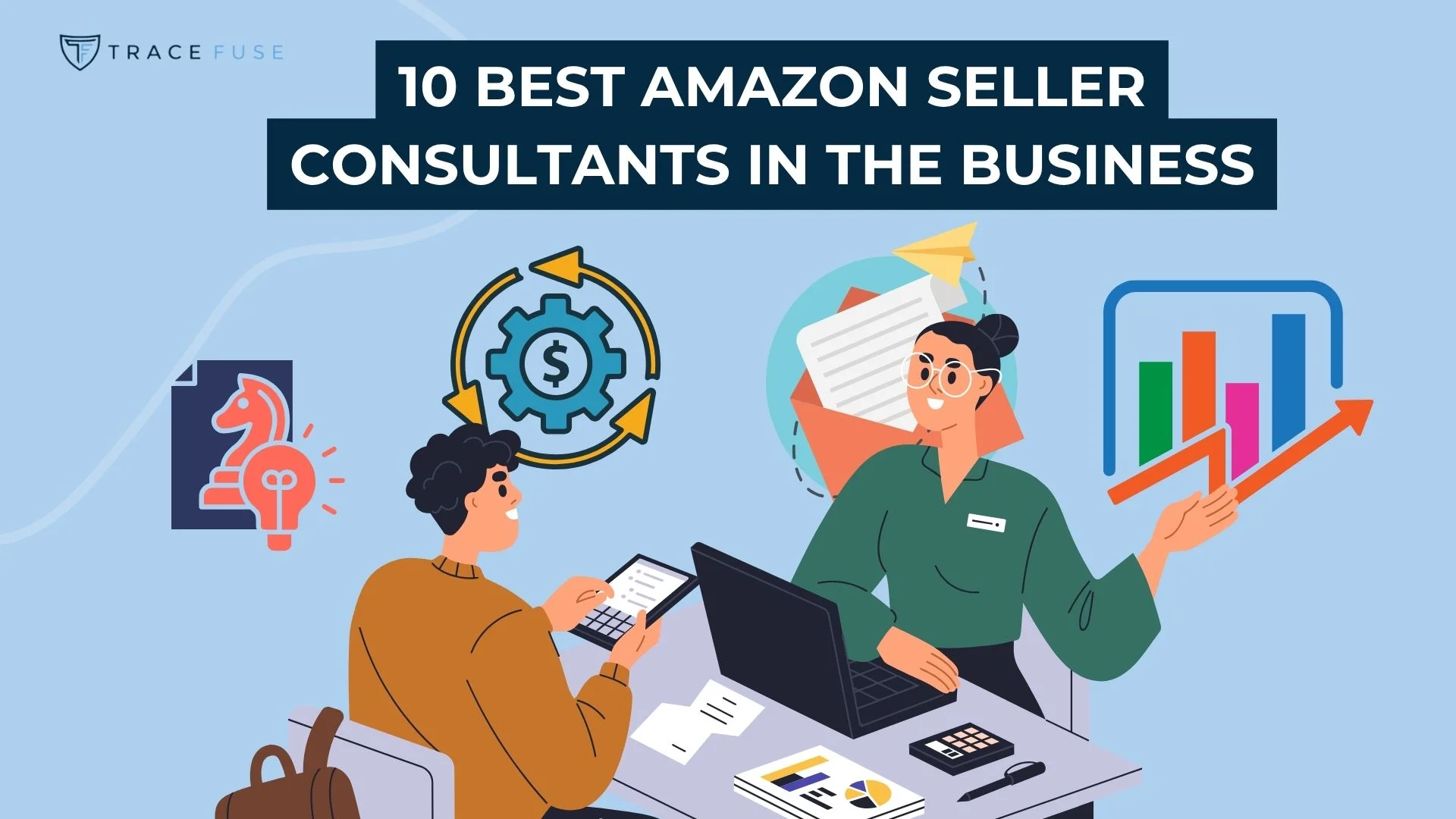 Two people sit at a desk with laptops and charts, discussing Amazon selling strategies. A banner reads “10 Best Amazon Seller Consultants in the Business.” Business icons and graphs appear in the background.