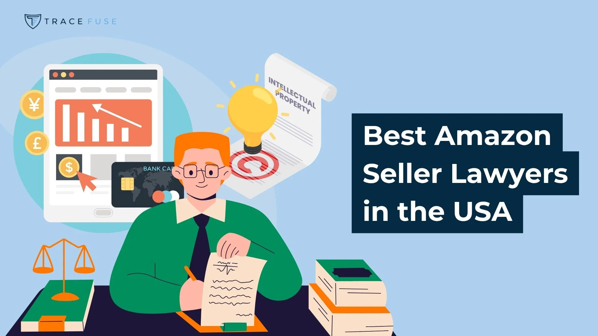 Illustration of a lawyer at a desk with legal documents, a scale, books, and a bank card, with the text “Best Amazon Seller Lawyers in the USA” on the right. Charts and lightbulb icons appear in the background.