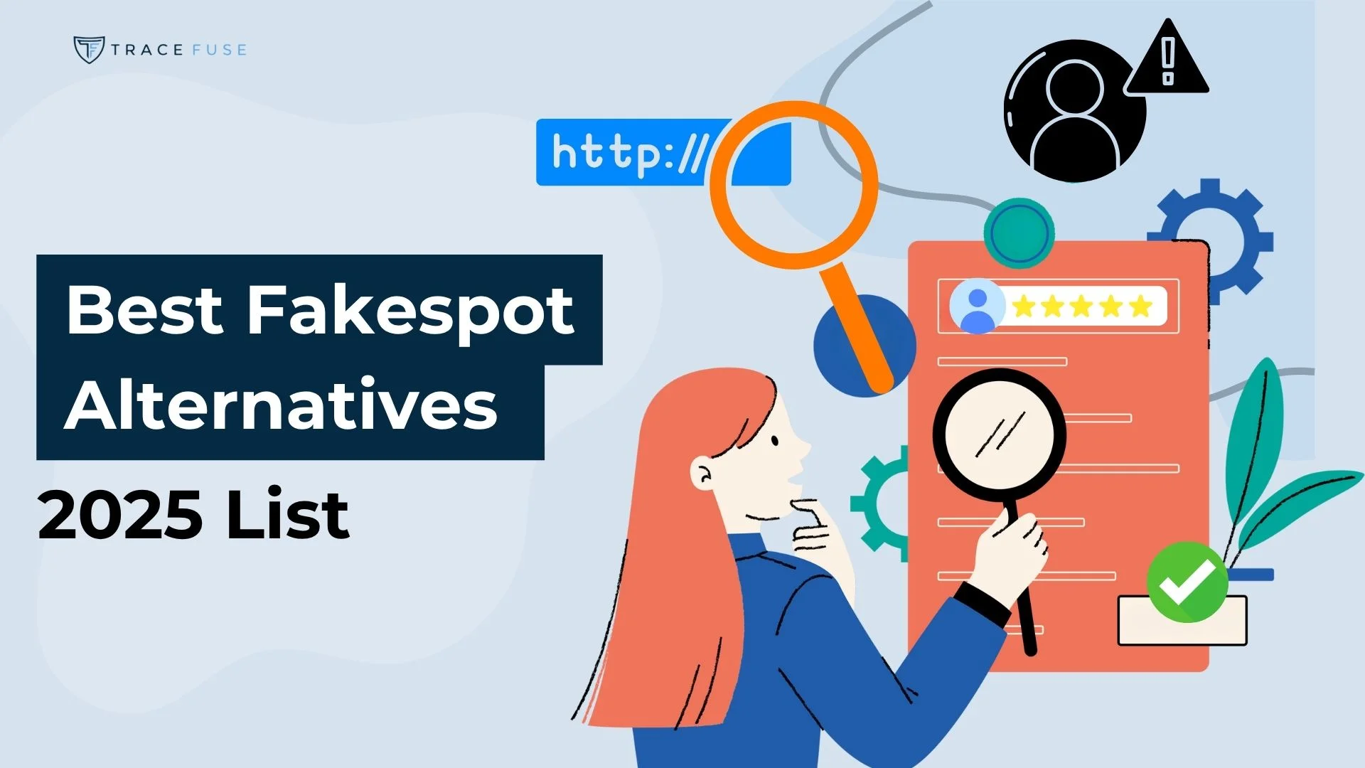 A woman holding a magnifying glass examines a list with stars and a checkmark. Text on image reads: Best Fakespot Alternatives 2025 List. Various icons for reviews, search, and the web surround her.