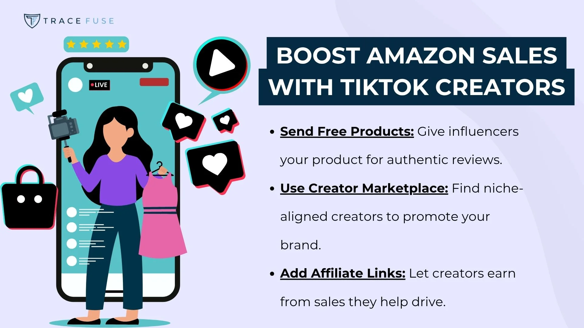 A woman holds shopping bags and a phone beside tiktok icons and hearts. Text reads: boost amazon sales with tiktok creators and lists tips: send free products, use creator marketplace, and add affiliate links.