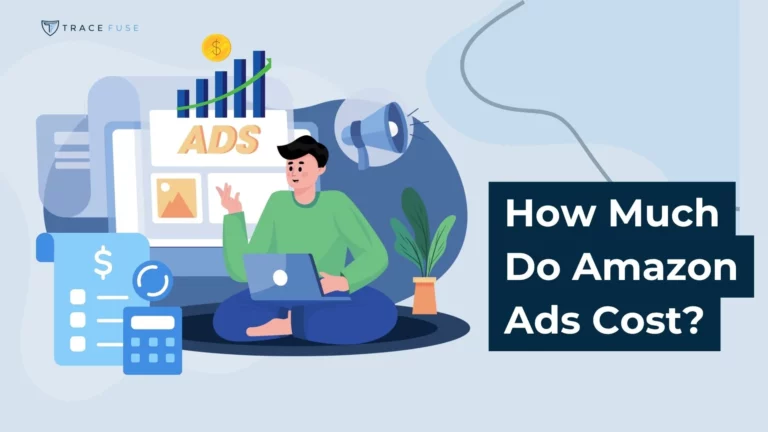 A person sits cross-legged with a laptop, surrounded by charts, coins, a calculator, and a megaphone. Text reads, how much do amazon ads cost? On a dark background.